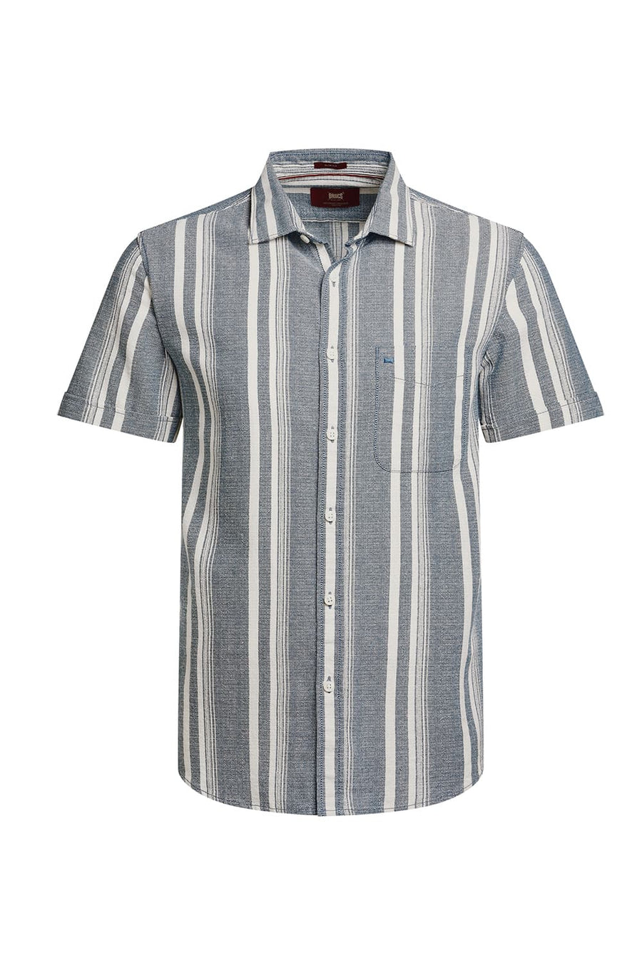 BASICS SLIM FIT SAILOR BLUE COTTON HOPSACK STRIPE HALFSLEEVES SHIRT