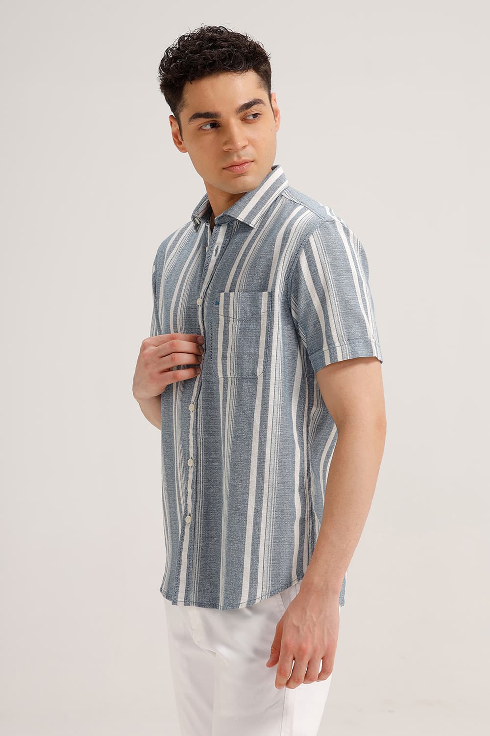 SLIM FIT COTTON HOPSACK STRIPE HALFSLEEVES SHIRT