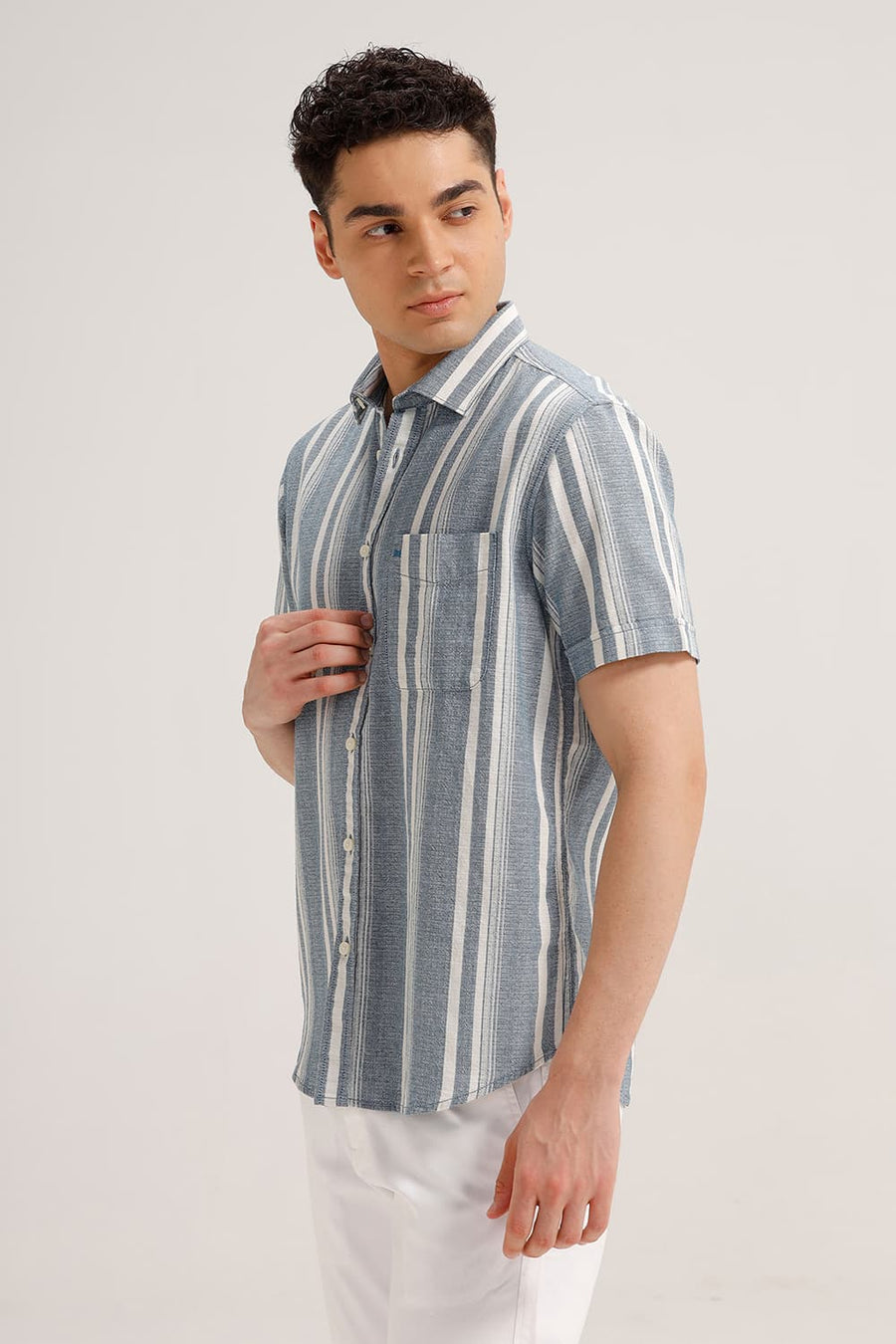 BASICS SLIM FIT SAILOR BLUE COTTON HOPSACK STRIPE HALFSLEEVES SHIRT