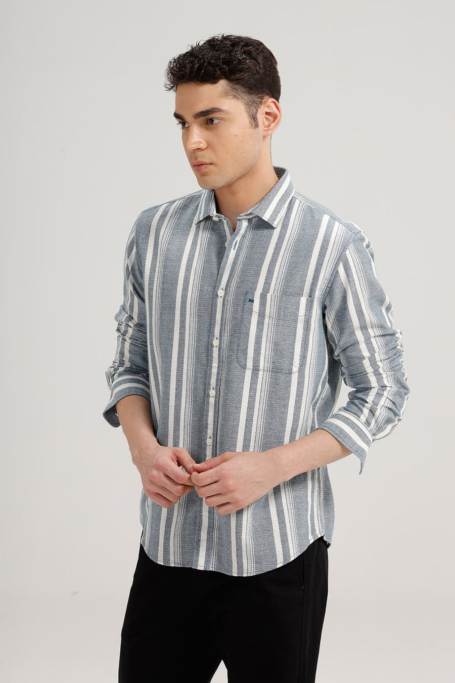 BASICS SLIM FIT SAILOR BLUE COTTON HOPSACK STRIPE SHIRT