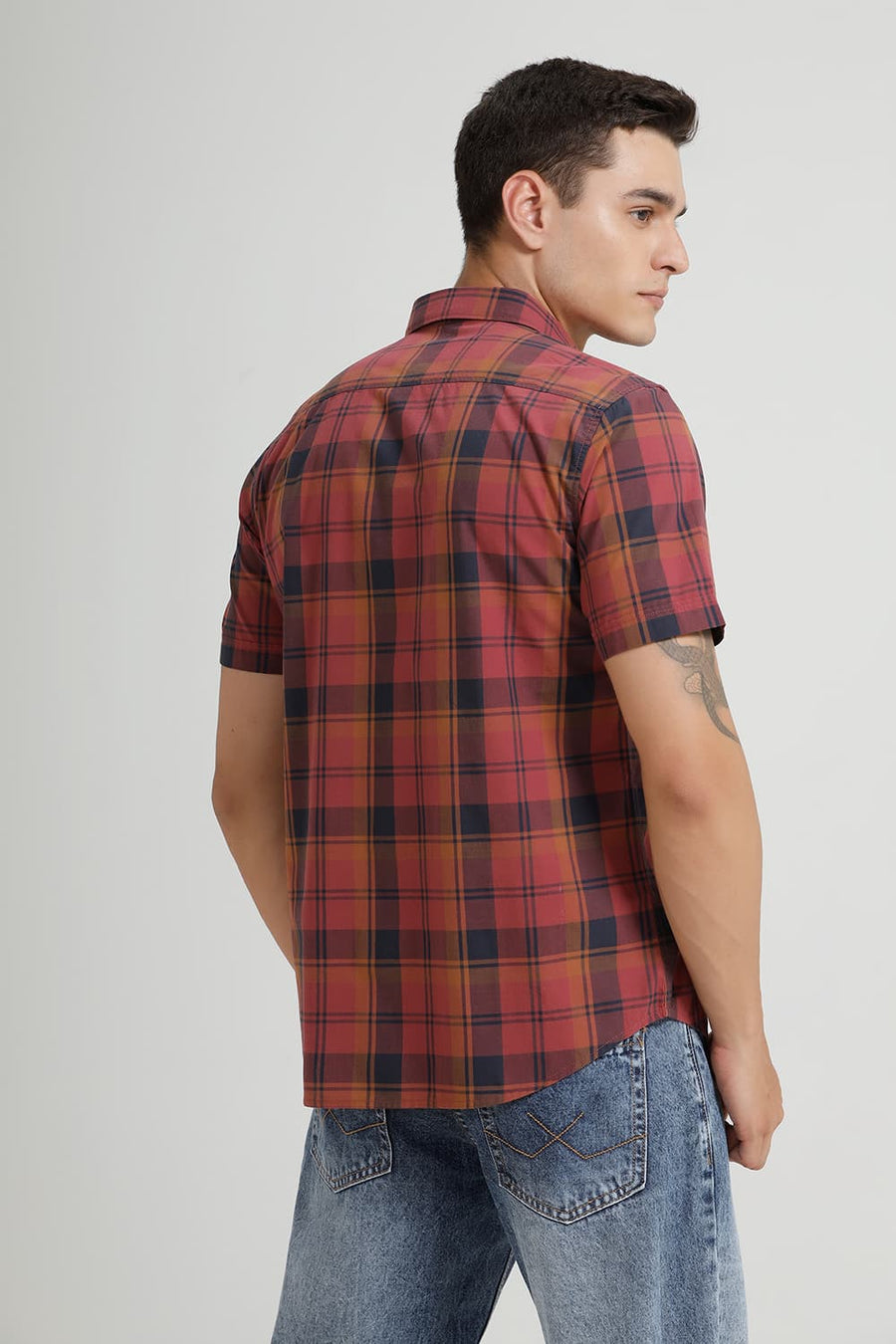 BASICS SLIM FIT OXBLOOD MAROON COTTON CHECKS HALFSLEEVES SHIRT