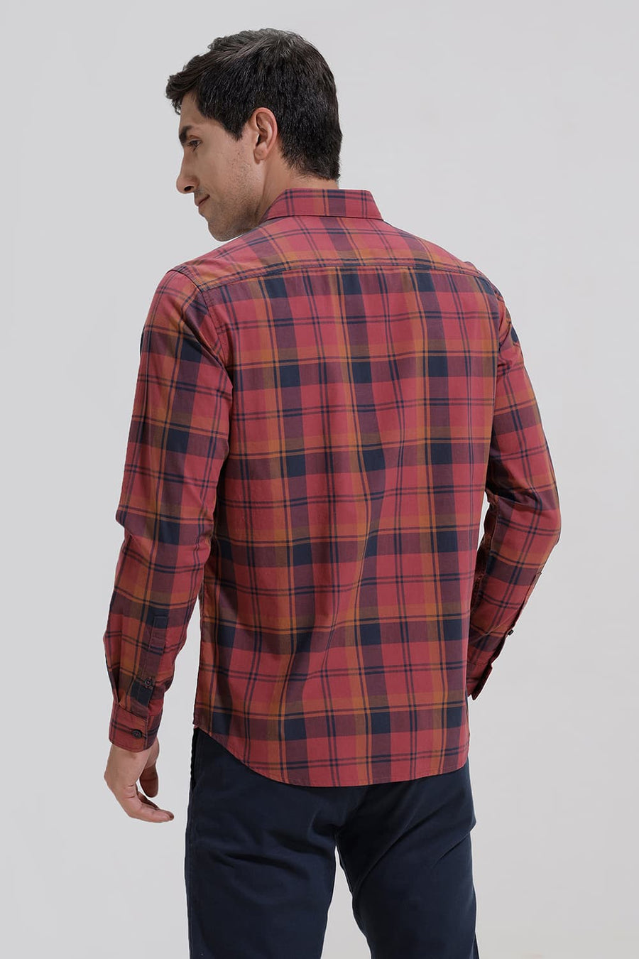 BASICS SLIM FIT OXBLOOD MAROON COTTON CHECKS SHIRT
