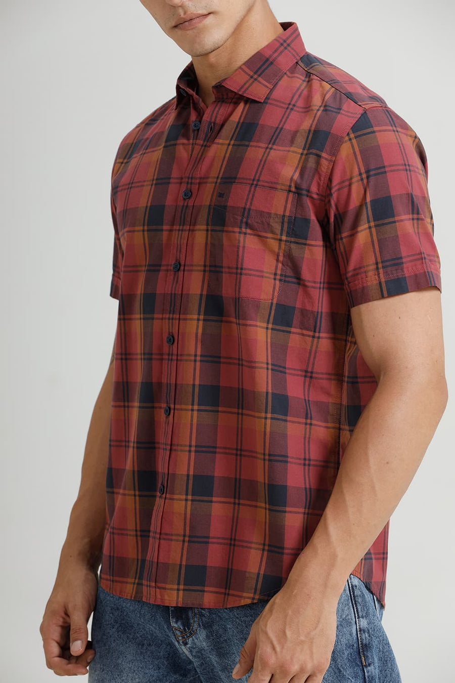 BASICS SLIM FIT OXBLOOD MAROON COTTON CHECKS HALFSLEEVES SHIRT