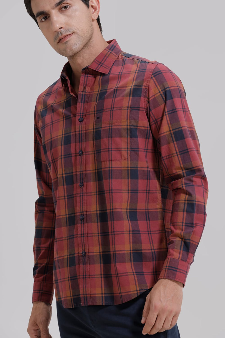 BASICS SLIM FIT OXBLOOD MAROON COTTON CHECKS SHIRT