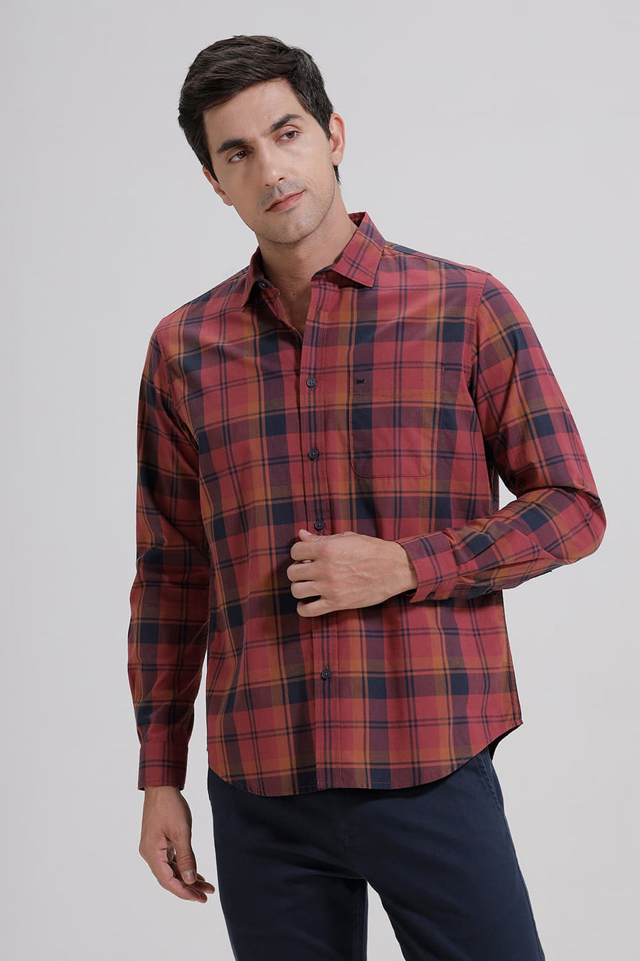 BASICS SLIM FIT OXBLOOD MAROON COTTON CHECKS SHIRT