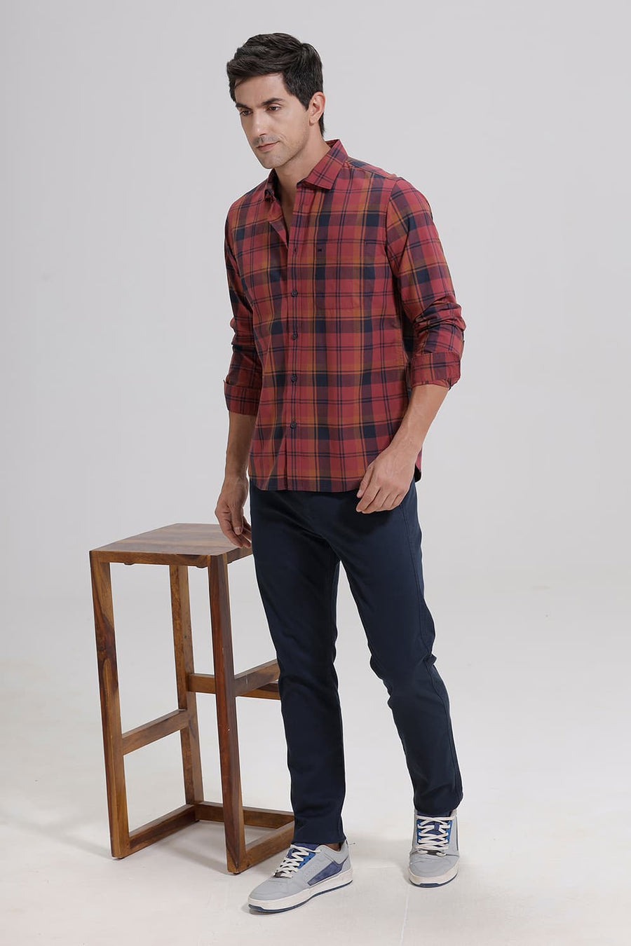 BASICS SLIM FIT OXBLOOD MAROON COTTON CHECKS SHIRT