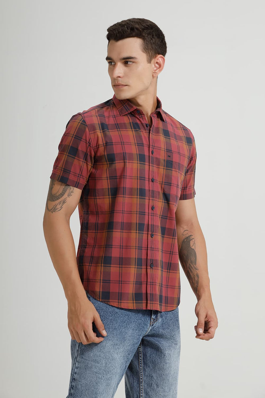 BASICS SLIM FIT OXBLOOD MAROON COTTON CHECKS HALFSLEEVES SHIRT