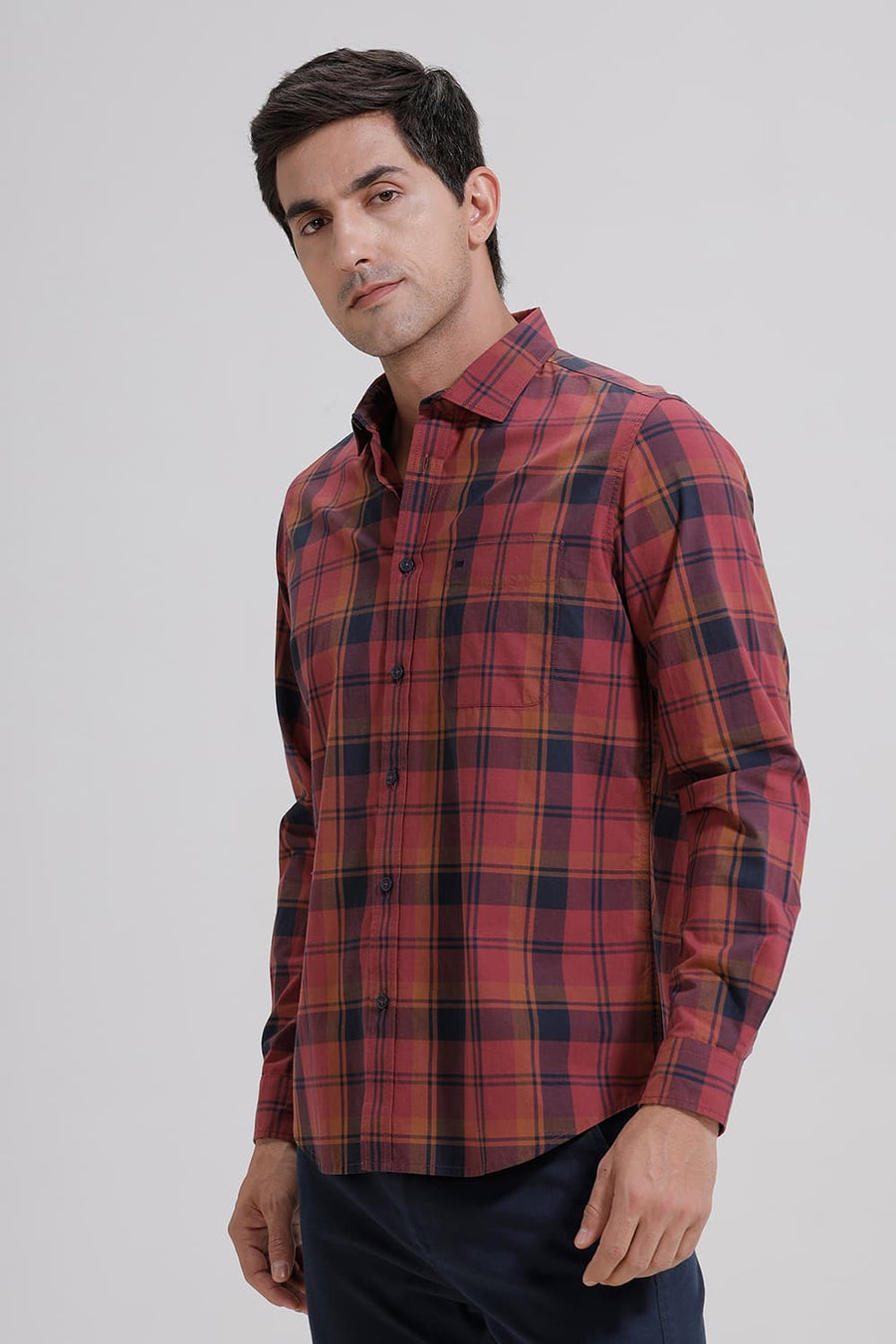 BASICS SLIM FIT OXBLOOD MAROON COTTON CHECKS SHIRT