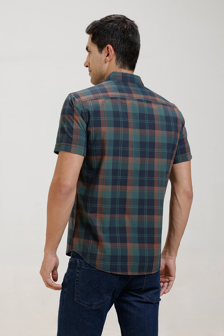 BASICS SLIM FIT GARGEN NAVY COTTON CHECKS HALFSLEEVES SHIRT