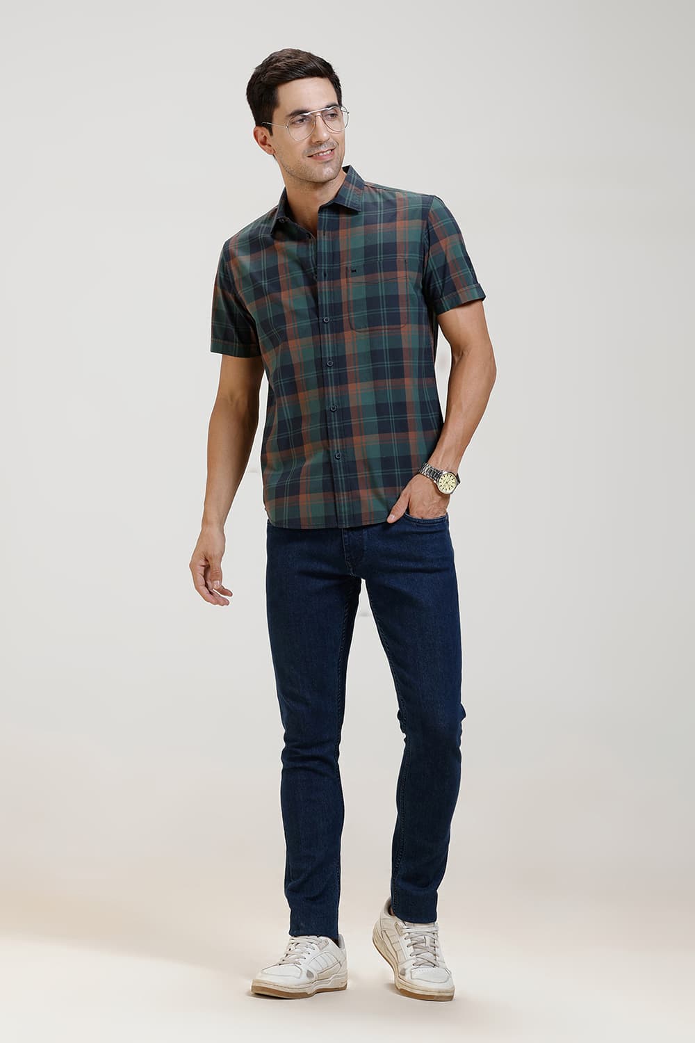 SLIM FIT COTTON CHECKS HALFSLEEVES SHIRT