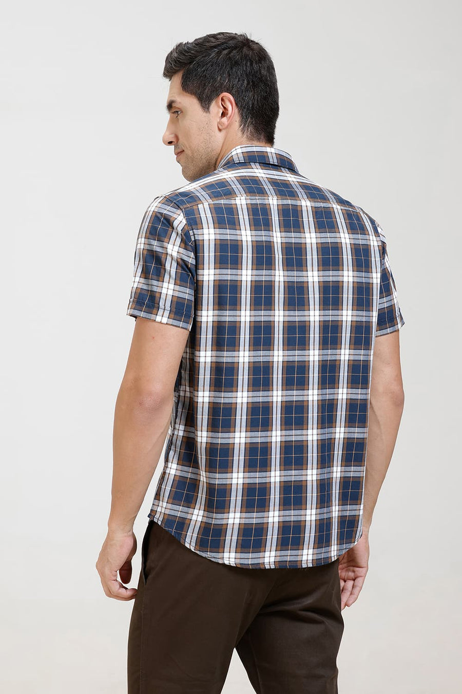 BASICS SLIM FIT NAVY STARGAZER TWILL CHECKS HALFSLEEVES SHIRT
