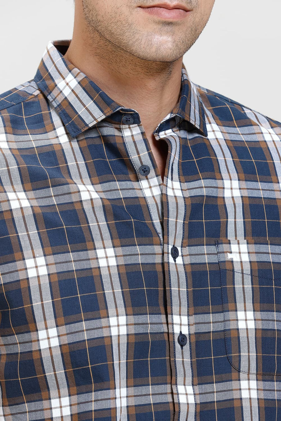 BASICS SLIM FIT NAVY STARGAZER TWILL CHECKS HALFSLEEVES SHIRT