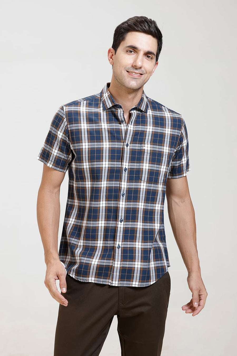 BASICS SLIM FIT NAVY STARGAZER TWILL CHECKS HALFSLEEVES SHIRT