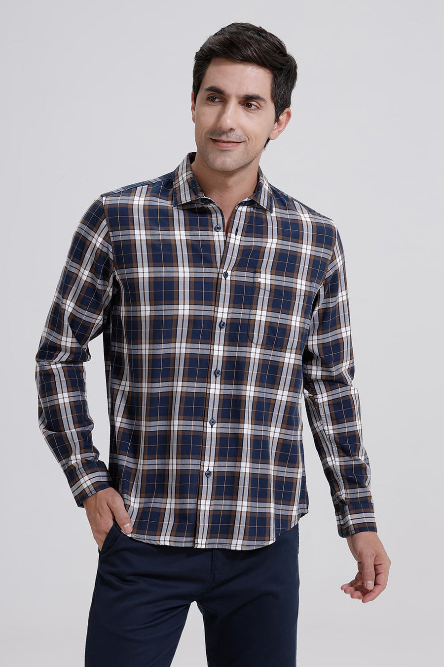 BASICS SLIM FIT NAVY STARGAZER TWILL CHECKS SHIRT
