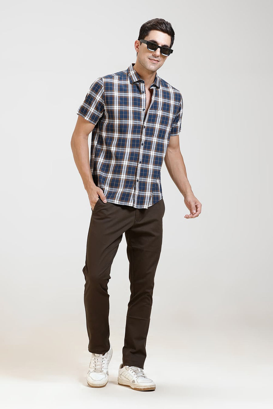 BASICS SLIM FIT NAVY STARGAZER TWILL CHECKS HALFSLEEVES SHIRT