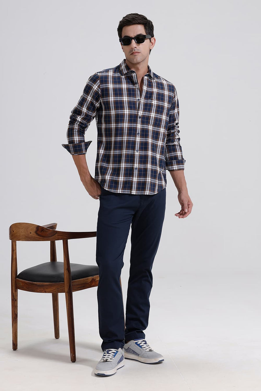 BASICS SLIM FIT NAVY STARGAZER TWILL CHECKS SHIRT