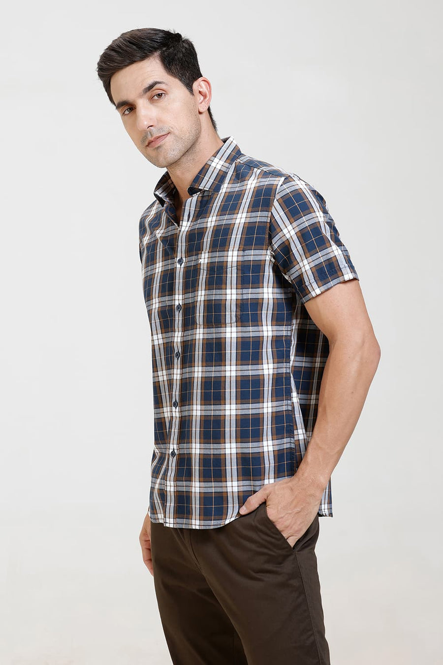 BASICS SLIM FIT NAVY STARGAZER TWILL CHECKS HALFSLEEVES SHIRT