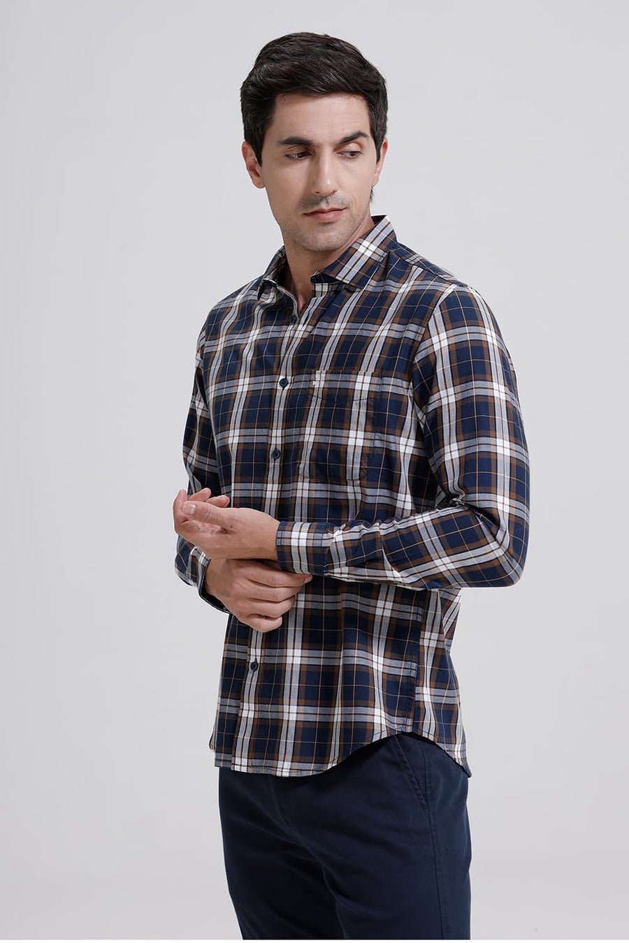 BASICS SLIM FIT NAVY STARGAZER TWILL CHECKS SHIRT