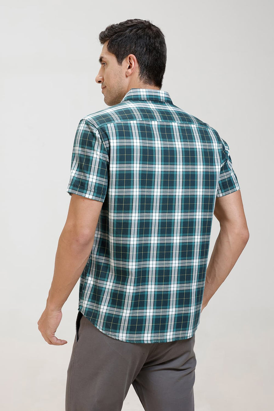 BASICS SLIM FIT STORM GREEN TWILL CHECKS HALFSLEEVES SHIRT
