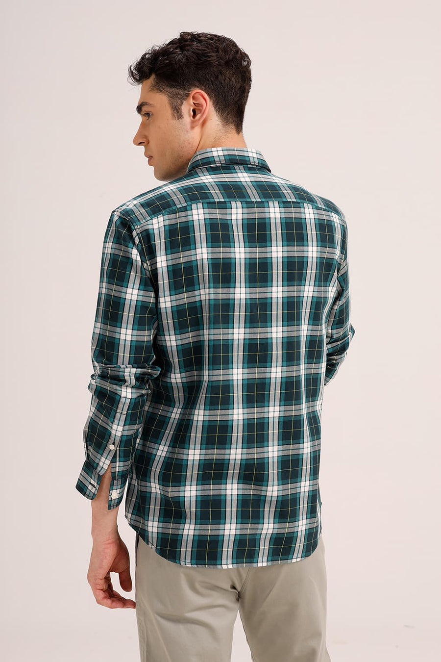 BASICS SLIM FIT STORM GREEN TWILL CHECKS SHIRT