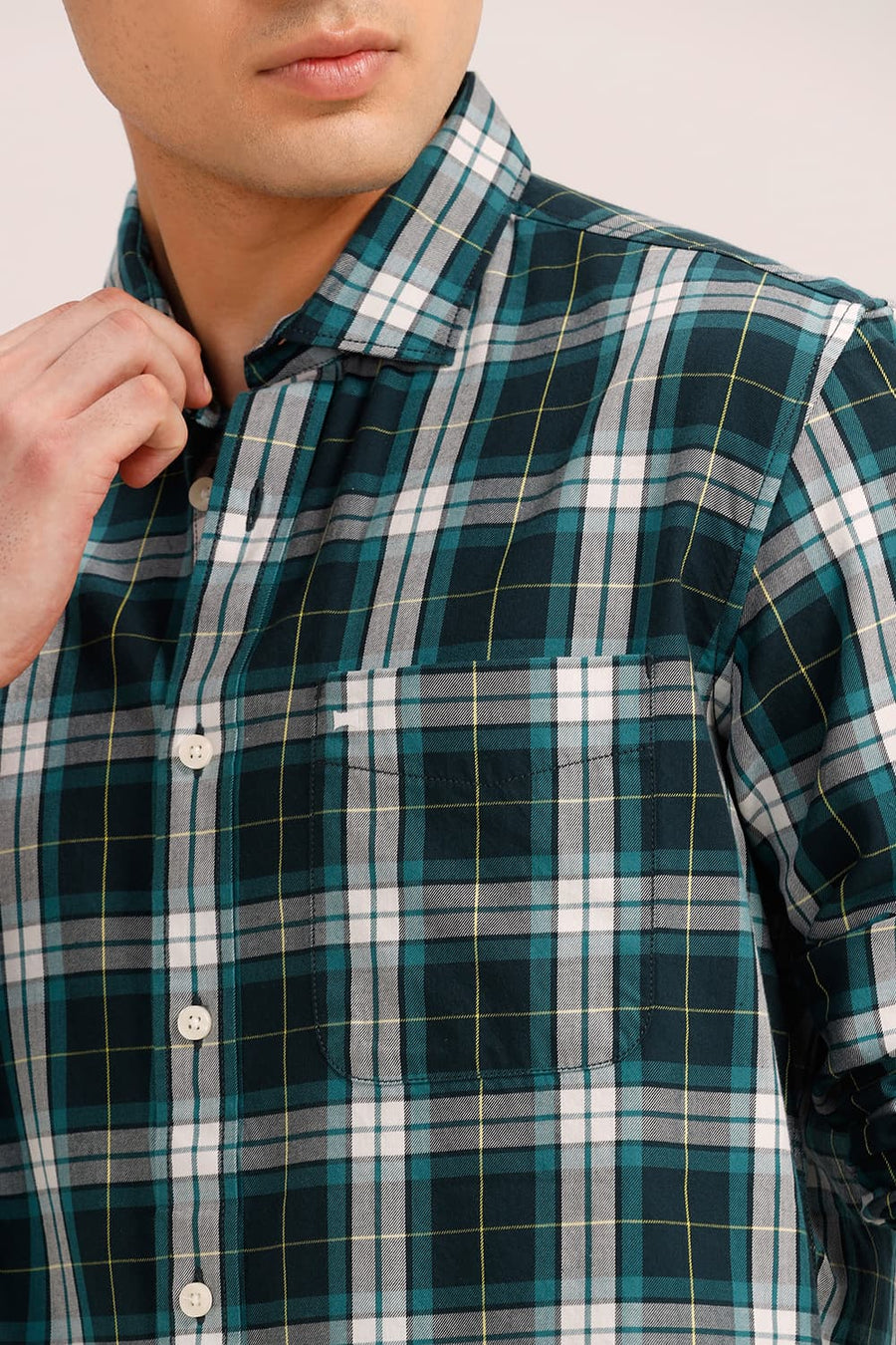 BASICS SLIM FIT STORM GREEN TWILL CHECKS SHIRT