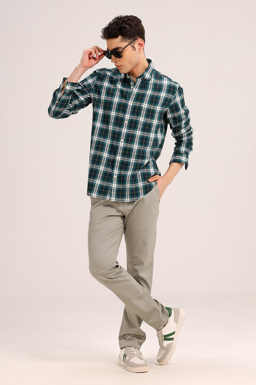 BASICS SLIM FIT STORM GREEN TWILL CHECKS SHIRT