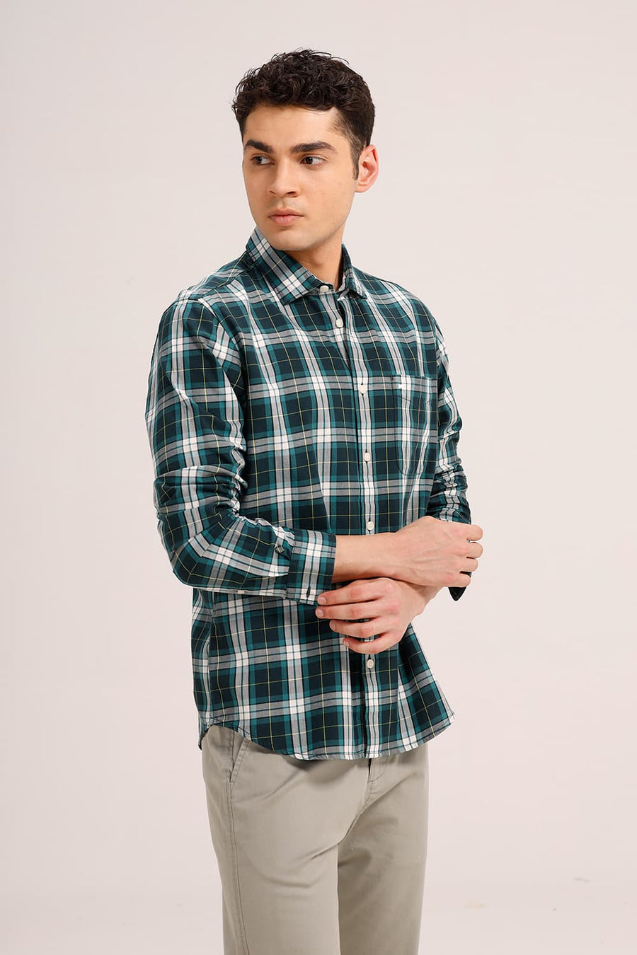BASICS SLIM FIT STORM GREEN TWILL CHECKS SHIRT