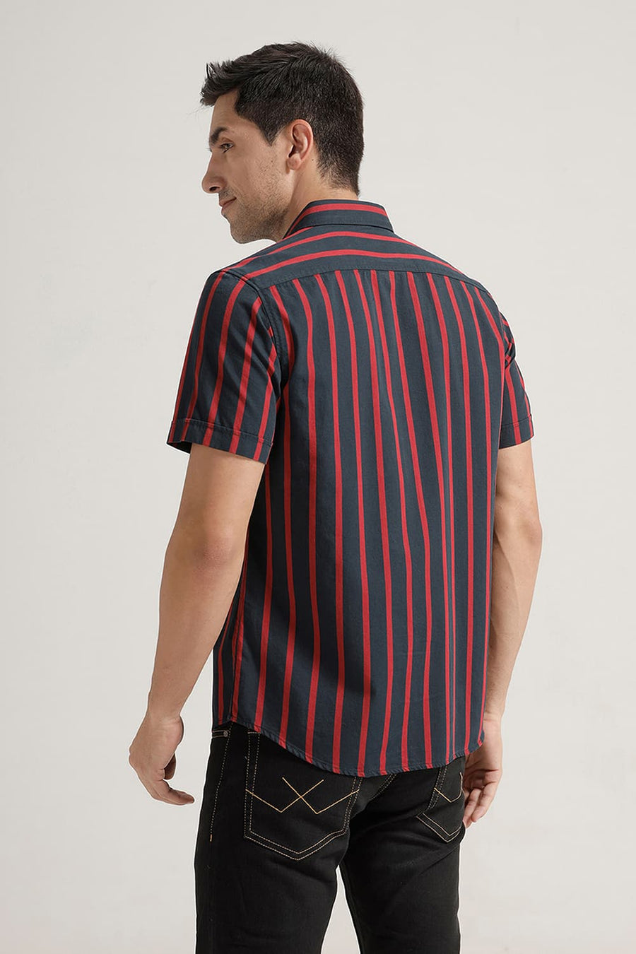 BASICS SLIM FIT DARK NAVY TWILL STRIPE HALFSLEEVES SHIRT