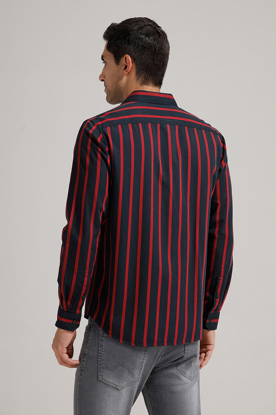BASICS SLIM FIT DARK NAVY TWILL STRIPE SHIRT