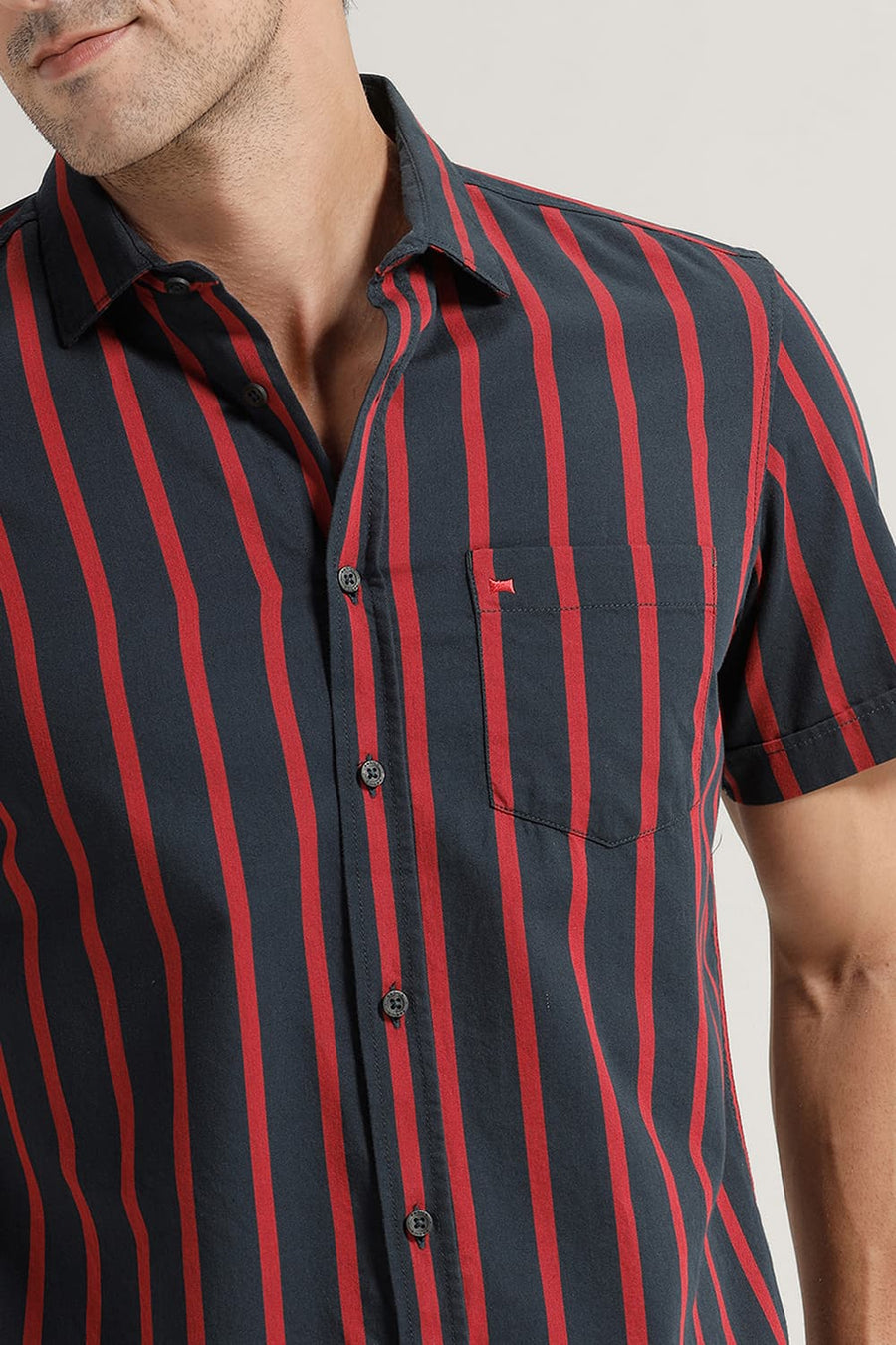 BASICS SLIM FIT DARK NAVY TWILL STRIPE HALFSLEEVES SHIRT