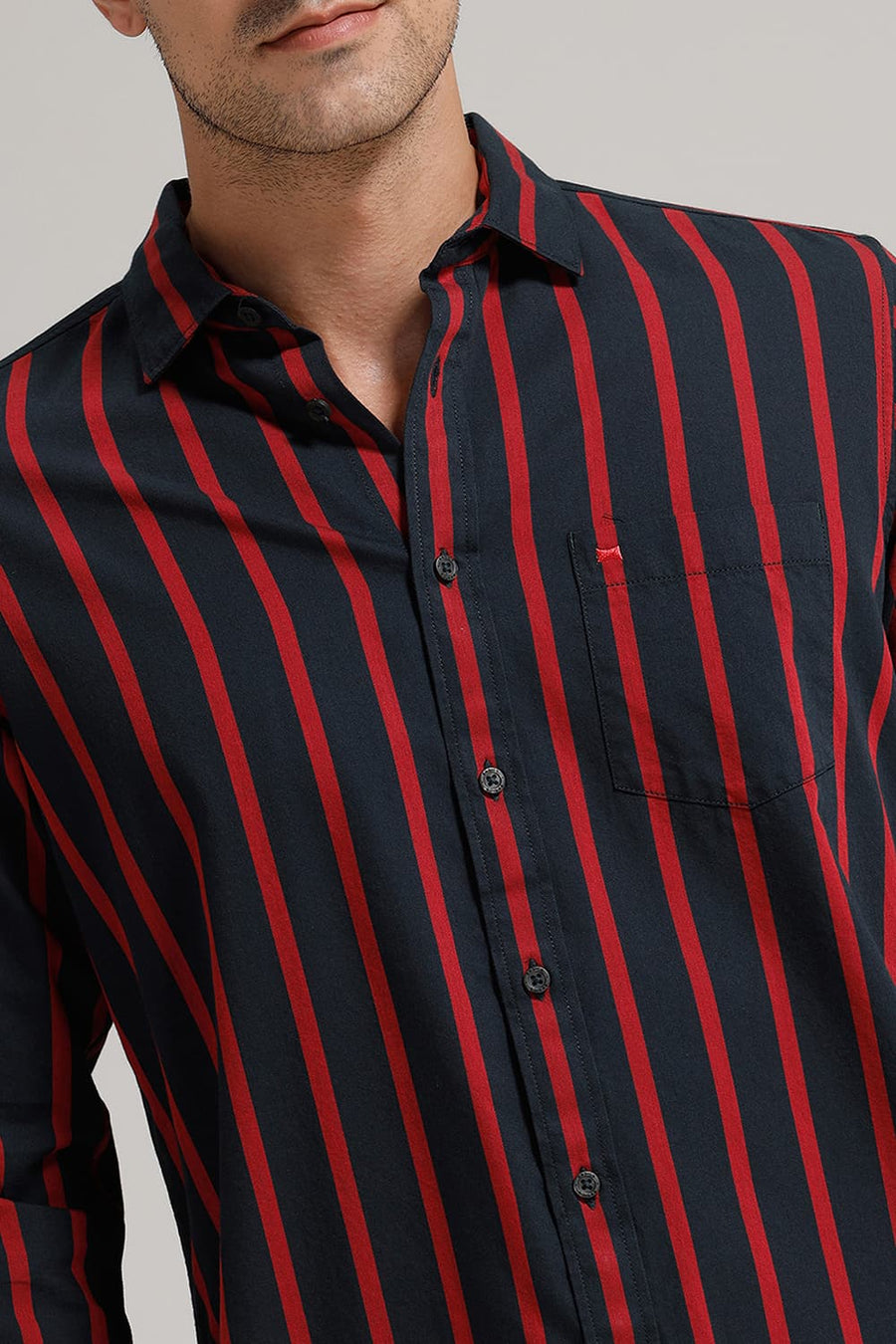 BASICS SLIM FIT DARK NAVY TWILL STRIPE SHIRT