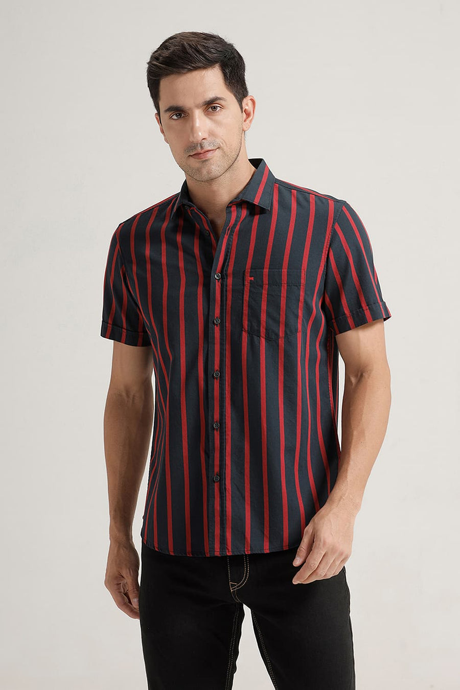 BASICS SLIM FIT DARK NAVY TWILL STRIPE HALFSLEEVES SHIRT