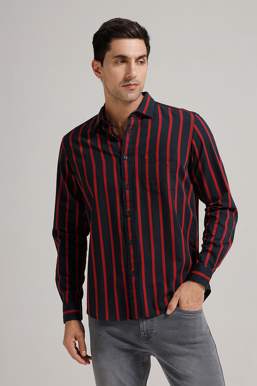 BASICS SLIM FIT DARK NAVY TWILL STRIPE SHIRT