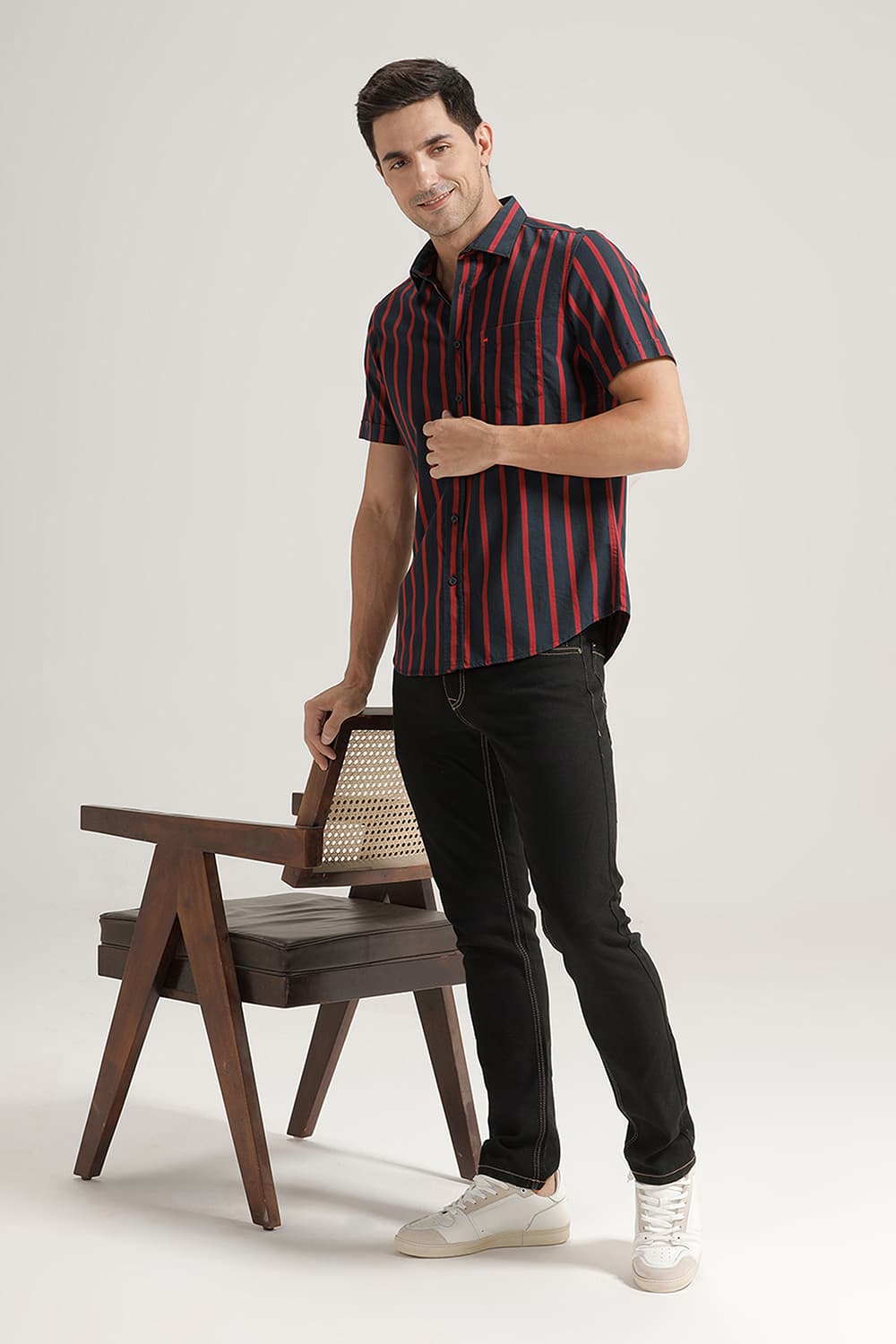 SLIM FIT TWILL STRIPE HALFSLEEVES SHIRT