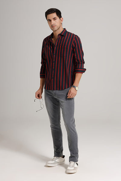 Slim Fit Dark Navy Twill Stripe Cotton Shirt