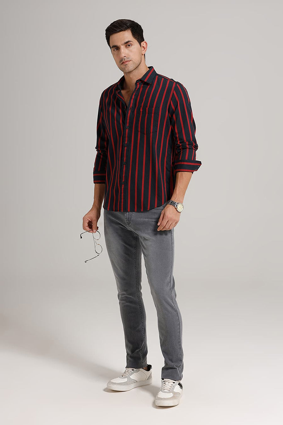 BASICS SLIM FIT DARK NAVY TWILL STRIPE SHIRT