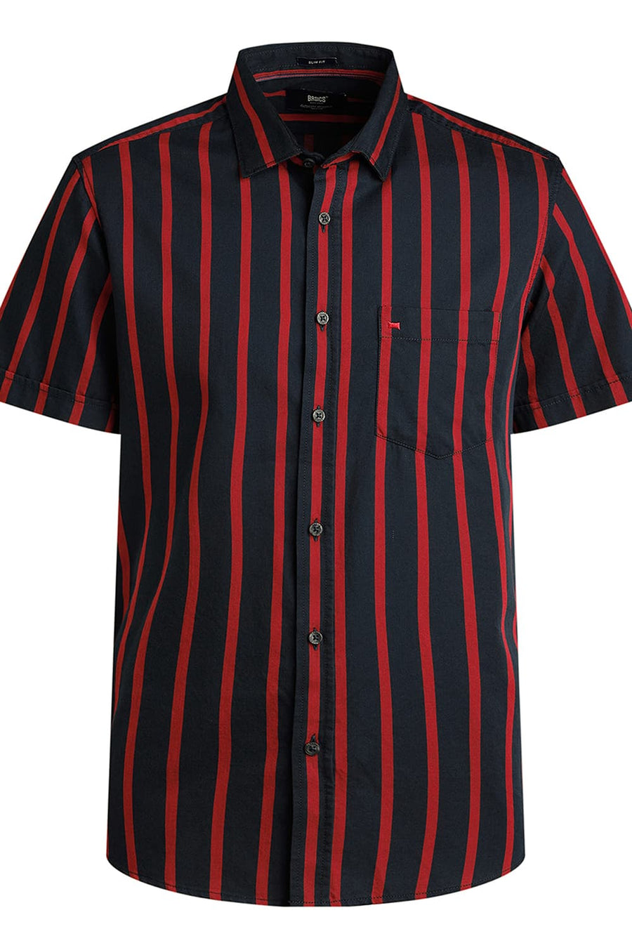 BASICS SLIM FIT DARK NAVY TWILL STRIPE HALFSLEEVES SHIRT
