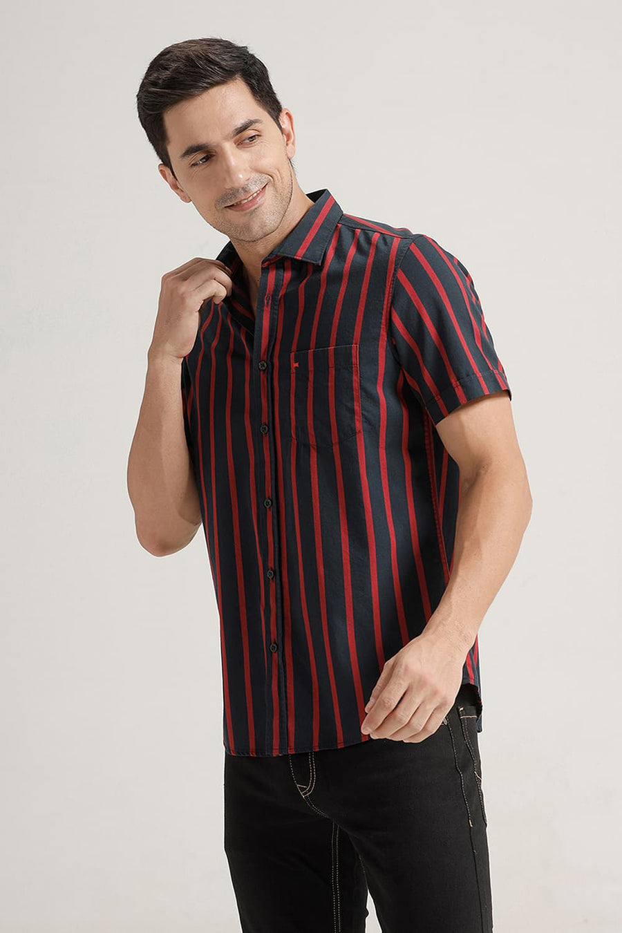 BASICS SLIM FIT DARK NAVY TWILL STRIPE HALFSLEEVES SHIRT