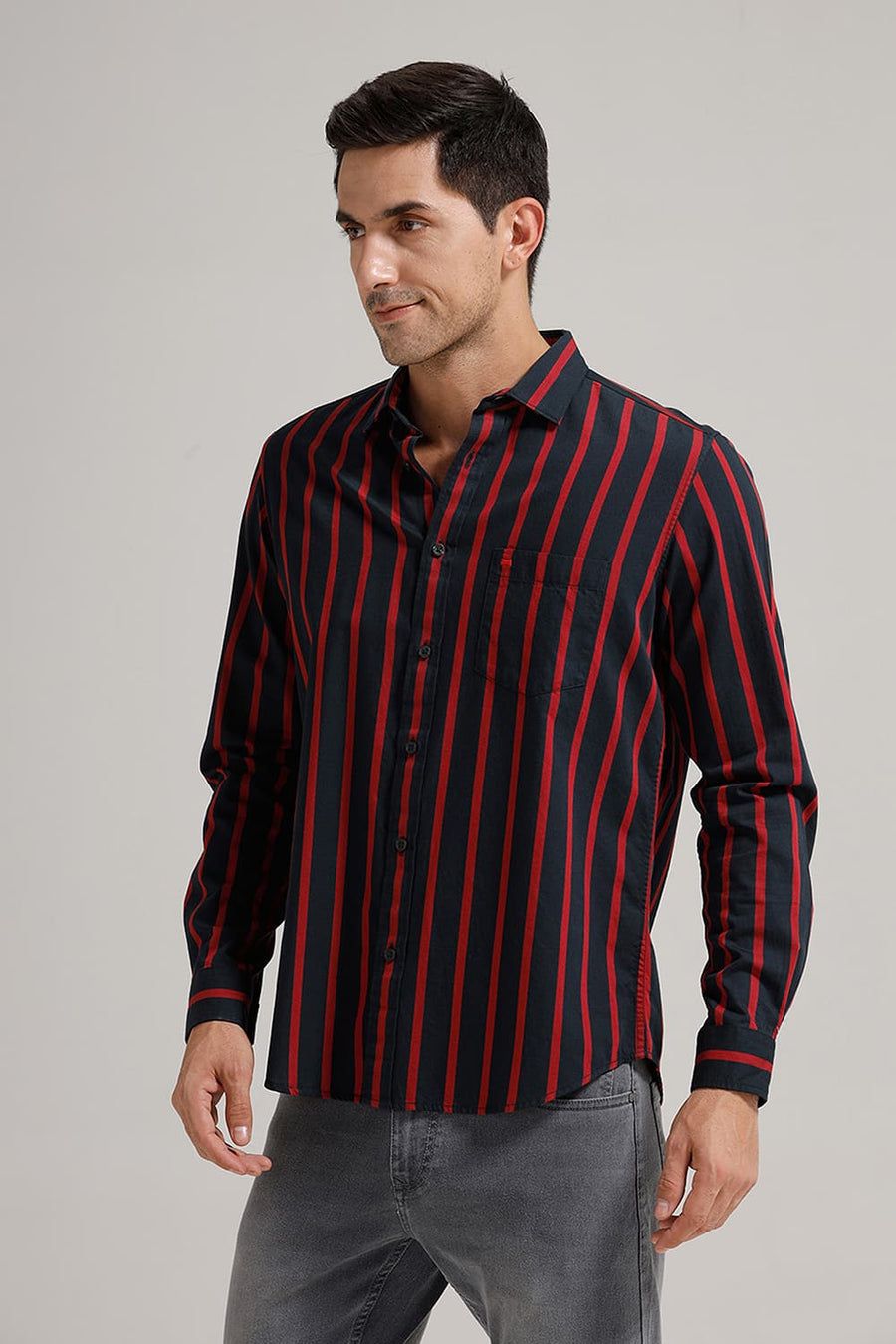BASICS SLIM FIT DARK NAVY TWILL STRIPE SHIRT