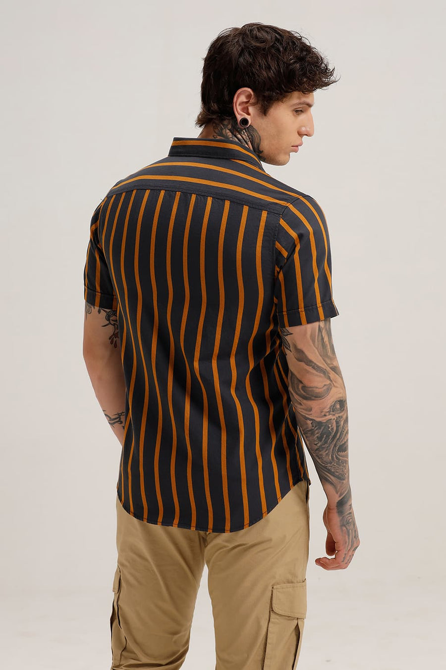 BASICS SLIM FIT GRANITE GREY TWILL STRIPE HALFSLEEVES SHIRT