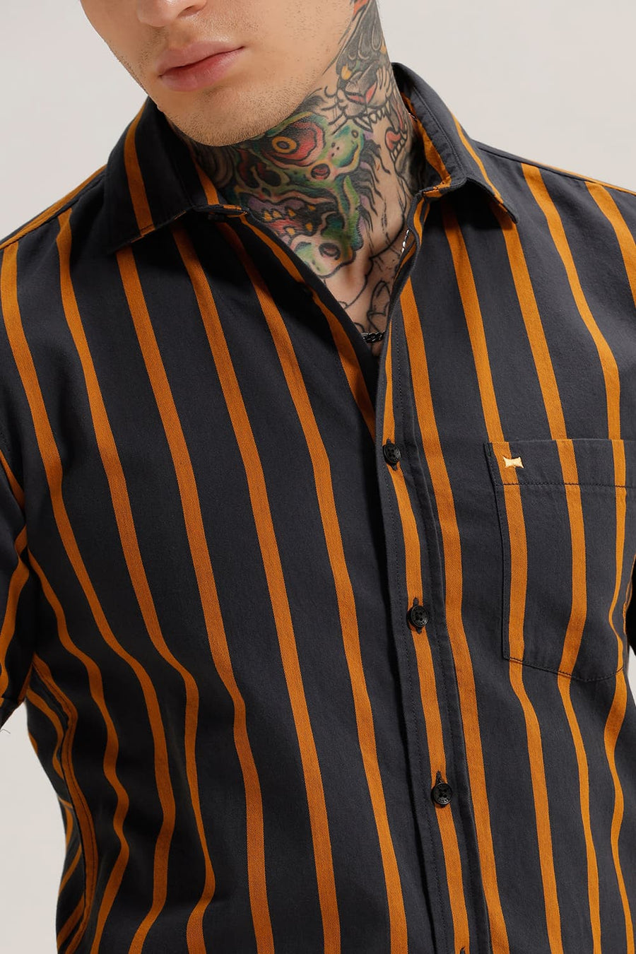 BASICS SLIM FIT GRANITE GREY TWILL STRIPE HALFSLEEVES SHIRT