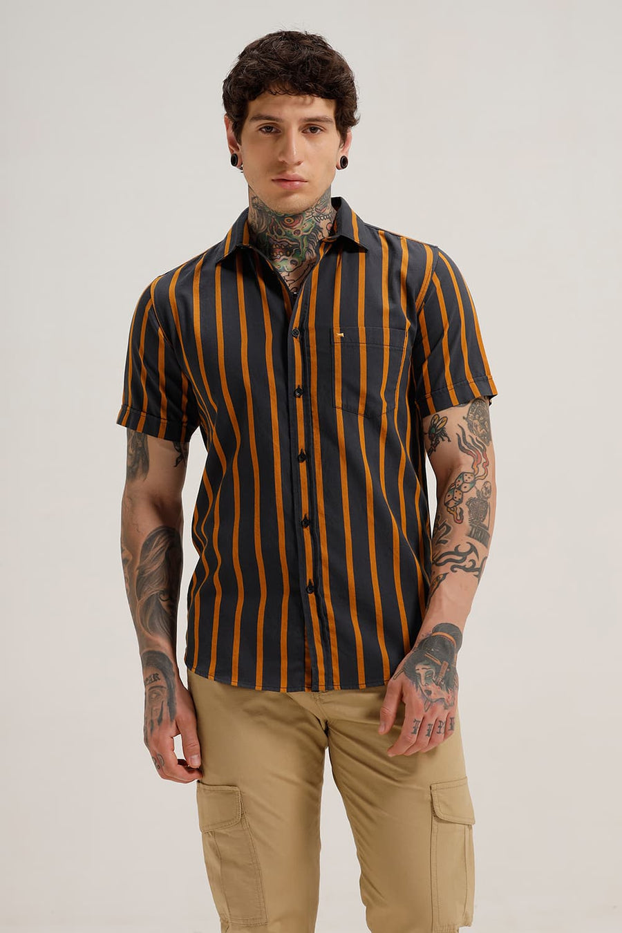 BASICS SLIM FIT GRANITE GREY TWILL STRIPE HALFSLEEVES SHIRT