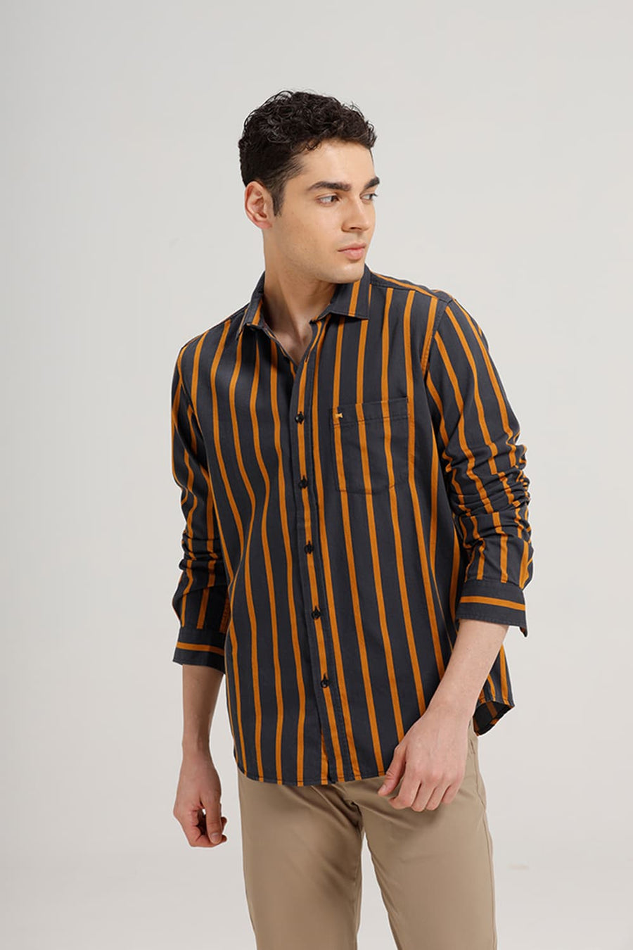 BASICS SLIM FIT GRANITE GREY TWILL STRIPE SHIRT