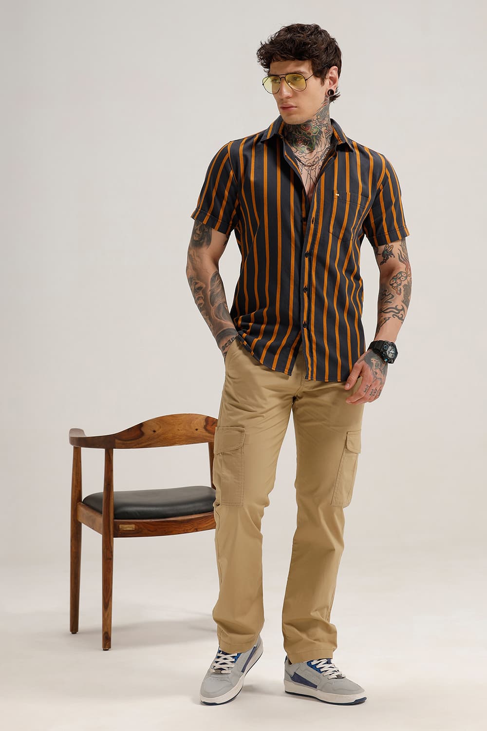 SLIM FIT TWILL STRIPE HALFSLEEVES SHIRT