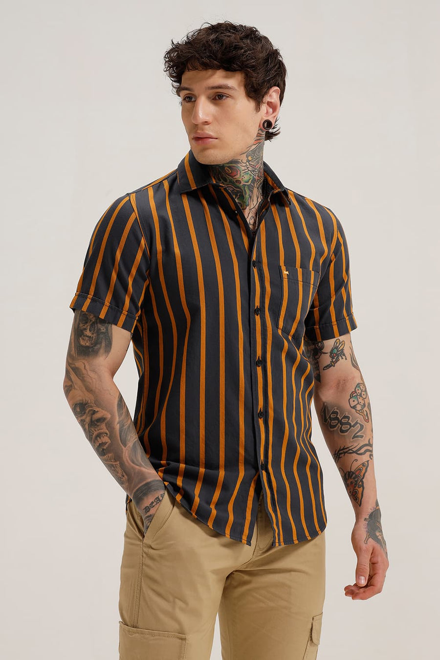 BASICS SLIM FIT GRANITE GREY TWILL STRIPE HALFSLEEVES SHIRT