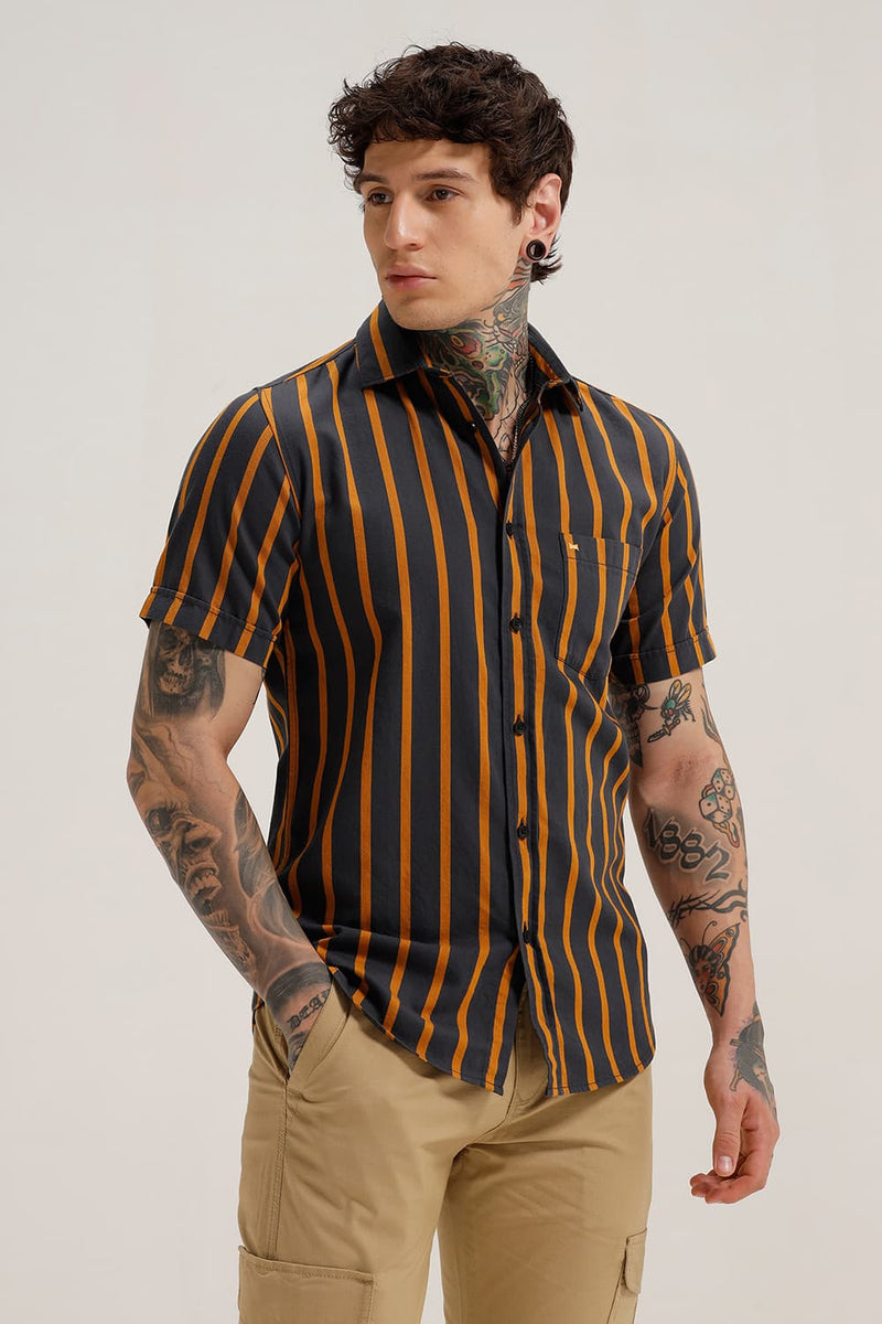 SLIM FIT TWILL STRIPE HALFSLEEVES SHIRT