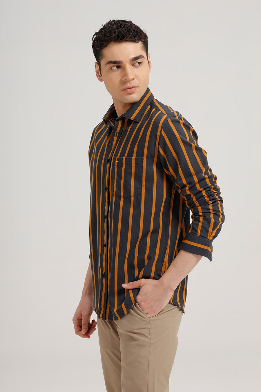 BASICS SLIM FIT GRANITE GREY TWILL STRIPE SHIRT