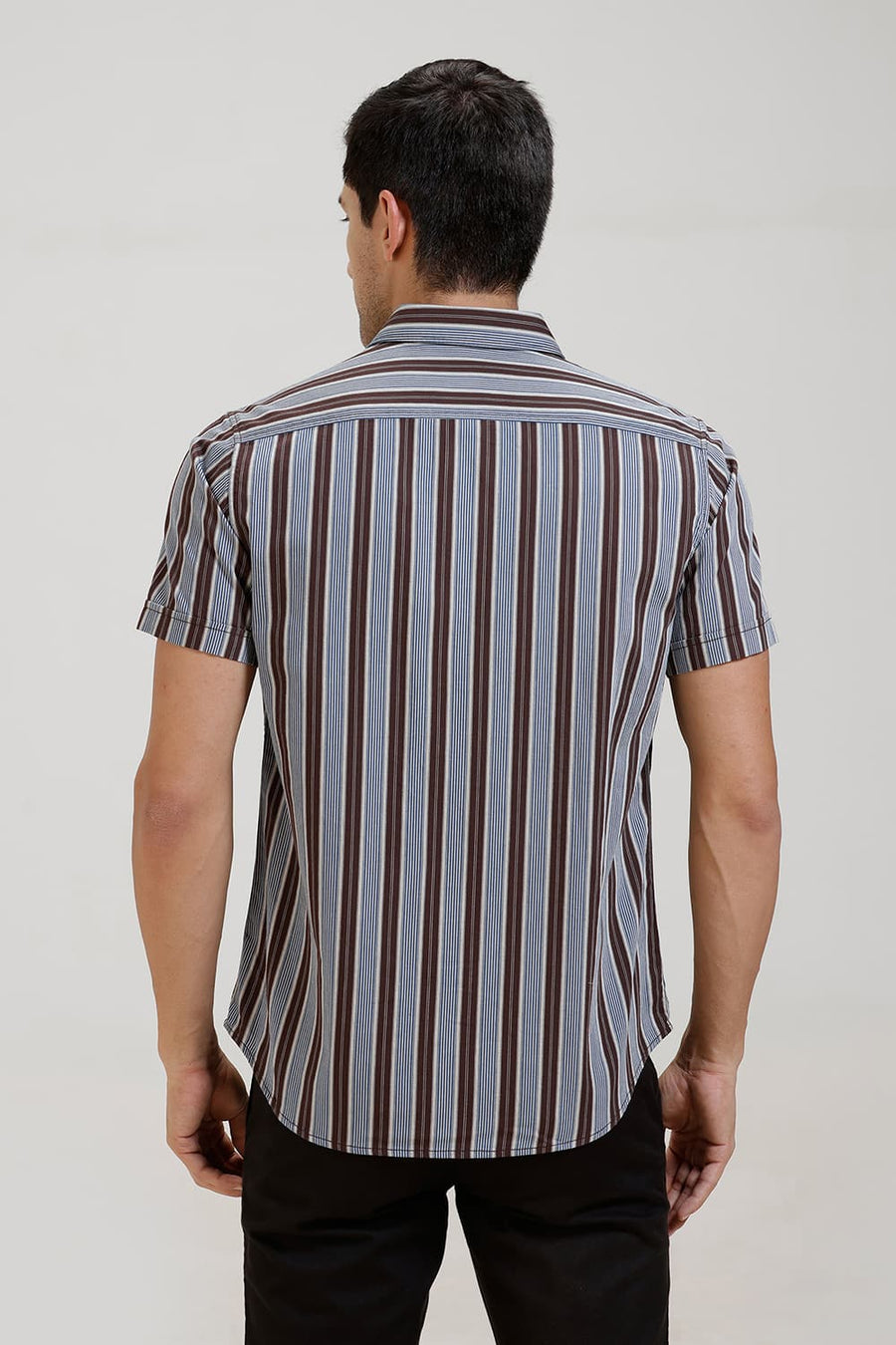 BASICS SLIM FIT SEAL BROWN TWILL STRIPE HALFSLEEVES SHIRT