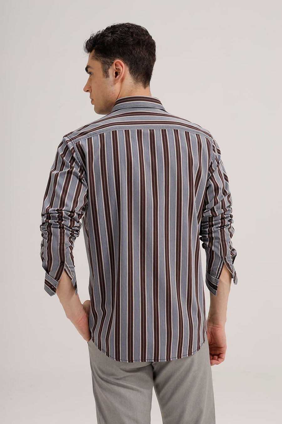 BASICS SLIM FIT SEAL BROWN TWILL STRIPE SHIRT