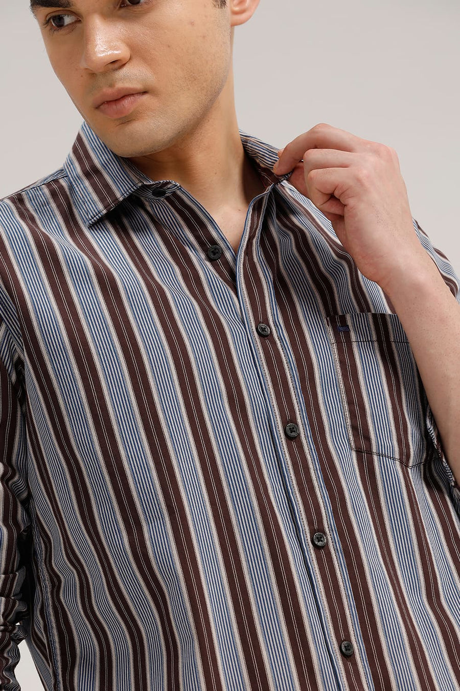 BASICS SLIM FIT SEAL BROWN TWILL STRIPE SHIRT